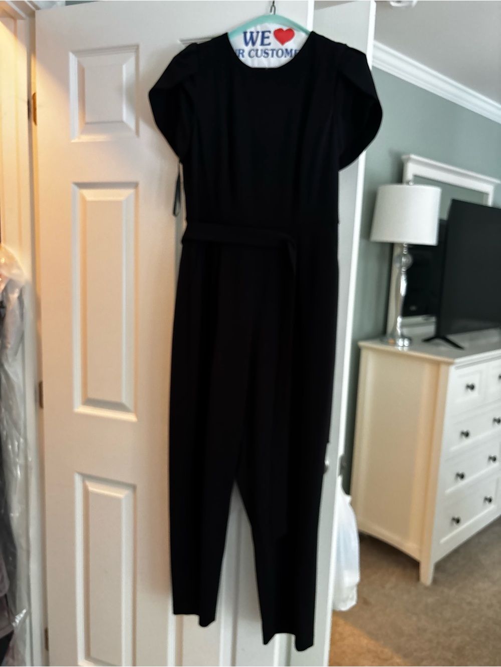 Calvin Klein Black Cap-Sleeve Jumpsuit with Waist Sash